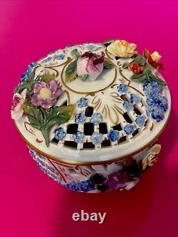 Antique Dresden Carl Thieme Applied Flowers Porcelain Reticulated Box With Lid