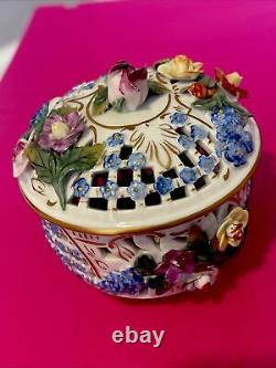 Antique Dresden Carl Thieme Applied Flowers Porcelain Reticulated Box With Lid