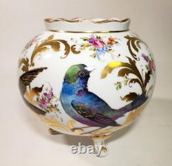 Antique Dresden Georg Heufel 1900 Cache Pot Vase Hand Painted Birds Gilt Floral