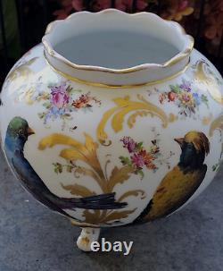 Antique Dresden Georg Heufel 1900 Cache Pot Vase Hand Painted Birds Gilt Floral