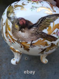 Antique Dresden Georg Heufel 1900 Cache Pot Vase Hand Painted Birds Gilt Floral