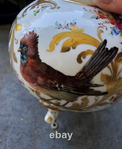 Antique Dresden Georg Heufel 1900 Cache Pot Vase Hand Painted Birds Gilt Floral