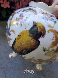 Antique Dresden Georg Heufel 1900 Cache Pot Vase Hand Painted Birds Gilt Floral