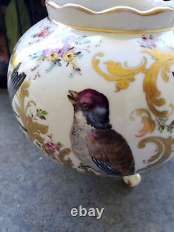 Antique Dresden Georg Heufel 1900 Cache Pot Vase Hand Painted Birds Gilt Floral