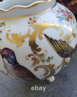 Antique Dresden Georg Heufel 1900 Cache Pot Vase Hand Painted Birds Gilt Floral