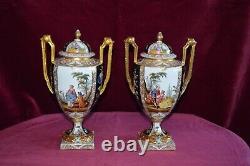 Antique Dresden Handpainted Twin Handled Pedestal Urn Vases A/F