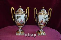 Antique Dresden Handpainted Twin Handled Pedestal Urn Vases A/F