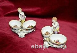 Antique Dresden Pair of Porcelain Cherub Salts with Hand Painted Decoration A/F