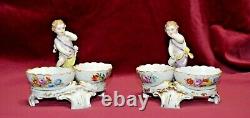 Antique Dresden Pair of Porcelain Cherub Salts with Hand Painted Decoration A/F