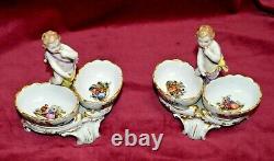 Antique Dresden Pair of Porcelain Cherub Salts with Hand Painted Decoration A/F