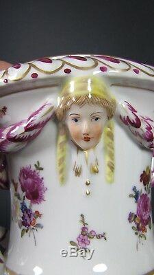 Antique Dresden Porcelain Footed Vase Figural Centerpiece Hand Painted Planter
