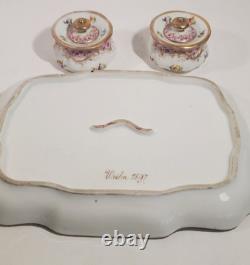 Antique Dresden Porcelain Hand Painted Pink Floral Double Inkstand Signed 1897