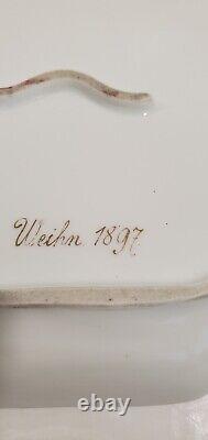 Antique Dresden Porcelain Hand Painted Pink Floral Double Inkstand Signed 1897