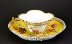 Antique Dresden Quatrefoil Porcelain Yellow Cup Saucer Hand Painted Lovers