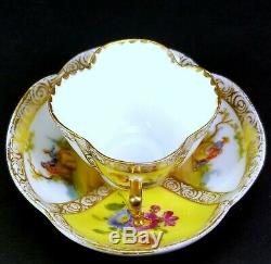 Antique Dresden Quatrefoil Porcelain Yellow Cup Saucer Hand Painted Lovers