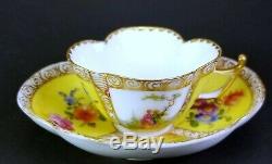 Antique Dresden Quatrefoil Porcelain Yellow Cup Saucer Hand Painted Lovers