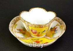 Antique Dresden Quatrefoil Porcelain Yellow Cup Saucer Hand Painted Lovers