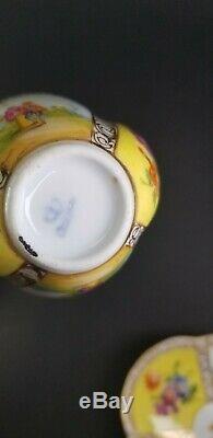 Antique Dresden Quatrefoil Porcelain Yellow Cup Saucer Hand Painted Lovers