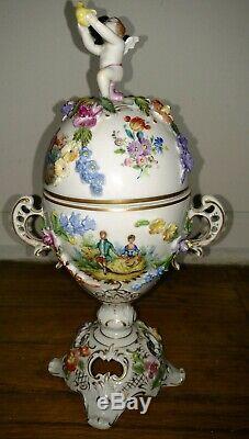 Antique Dresden porcelain egg shaped urn vase cherub angel hand painted scenes