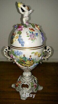 Antique Dresden porcelain egg shaped urn vase cherub angel hand painted scenes