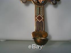 Antique Enamel Crucifix Cross Holy Water Font Hand Painted Porcelain Madonna