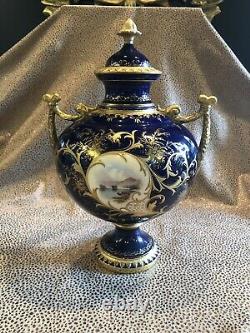 Antique English Coalport Hand Painted Prussian Blue Porcelain Urn Gilt Details