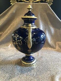 Antique English Coalport Hand Painted Prussian Blue Porcelain Urn Gilt Details