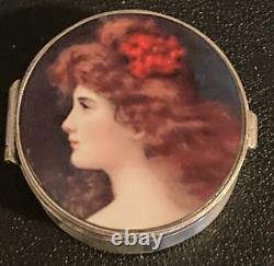 Antique English Sterling Silver Handpainted Porcelain Portrait Snuff Pill Box