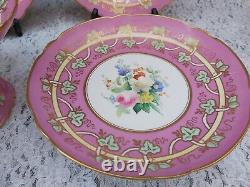 Antique English porcelain hand painted floral pink ground Dessert service