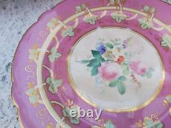 Antique English porcelain hand painted floral pink ground Dessert service