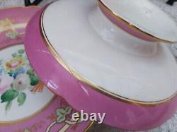 Antique English porcelain hand painted floral pink ground Dessert service