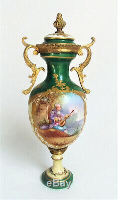 Antique FRENCH Sevres Style PORCELAIN URN VASE Hand PAINTED SCENE Bronze Ormolu