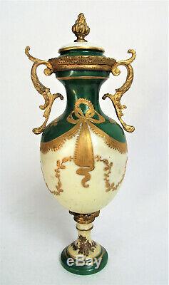 Antique FRENCH Sevres Style PORCELAIN URN VASE Hand PAINTED SCENE Bronze Ormolu