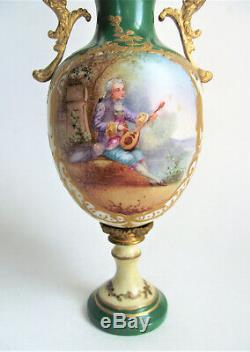 Antique FRENCH Sevres Style PORCELAIN URN VASE Hand PAINTED SCENE Bronze Ormolu