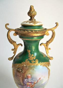 Antique FRENCH Sevres Style PORCELAIN URN VASE Hand PAINTED SCENE Bronze Ormolu