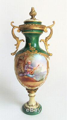 Antique FRENCH Sevres Style PORCELAIN URN VASE Hand PAINTED SCENE Bronze Ormolu