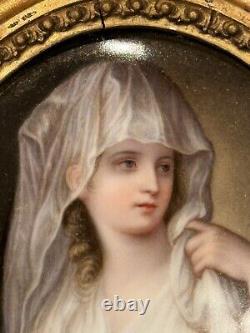 Antique French 1800's Hand painted porcelain lady, Wood Gold gilded frame 1800's