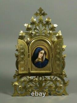 Antique French Brass Altar Reliquary Porcelain Plaque Hand Painted Saint Mary