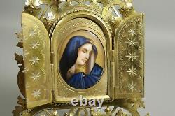 Antique French Brass Altar Reliquary Porcelain Plaque Hand Painted Saint Mary