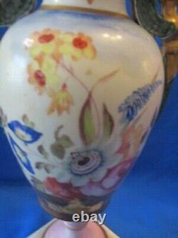 Antique French Hand Painted Flowers Porcelain Nymph Twin Handled Pedestal Vase