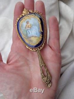 Antique French Hand Painted Lady Portrait Signed Porcelain Miniature Hand Mirror