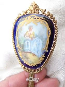 Antique French Hand Painted Lady Portrait Signed Porcelain Miniature Hand Mirror