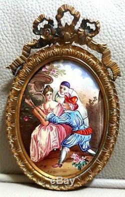 Antique French Hand Painted Miniature Portrait On Porcelain Ormolu Brass Frame