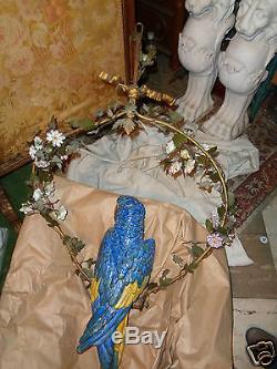 Antique French Hand Painted Parrot Porcelain Flowers Hanging Chandelier Light