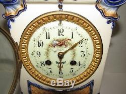 Antique French Hand Painted Porcelain Clock, 8 Day, Time/strike
