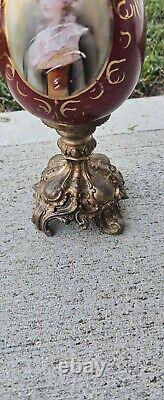 Antique French Hand Painted Porcelain & Guilted Bronze Ewers 16 Inches