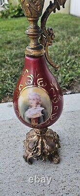 Antique French Hand Painted Porcelain & Guilted Bronze Ewers 16 Inches