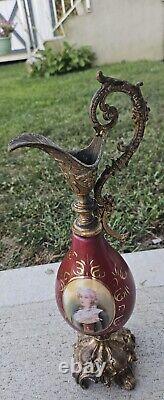 Antique French Hand Painted Porcelain & Guilted Bronze Ewers 16 Inches