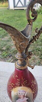 Antique French Hand Painted Porcelain & Guilted Bronze Ewers 16 Inches