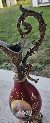 Antique French Hand Painted Porcelain & Guilted Bronze Ewers 16 Inches